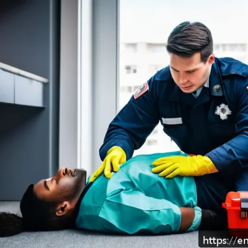 응급구조사 인턴십 후기 - A focused EMS paramedic in full uniform and protective gloves, calmly performing CPR on a patient in...