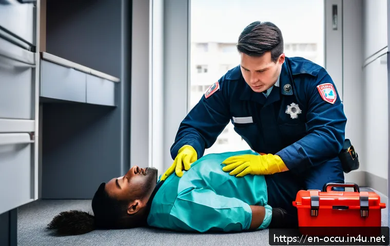 응급구조사 인턴십 후기 - A focused EMS paramedic in full uniform and protective gloves, calmly performing CPR on a patient in...