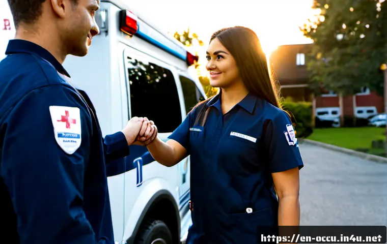 응급구조사 취업 성공 사례 - Photorealistic emergency medical technician employment success scene, confident young EMT in clean n...