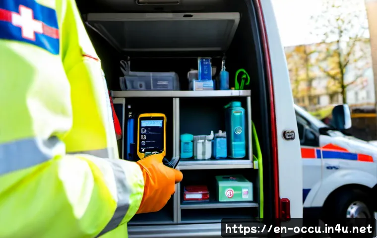 응급구조사와 스마트워치 활용 - Photorealistic emergency medical responder in a clean urban ambulance bay, wearing a professional un...