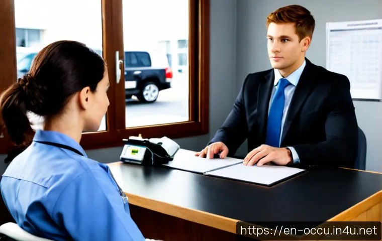 응급구조사 인성면접 준비 - Photorealistic emergency medical technician candidate seated at a clean interview desk across from t...