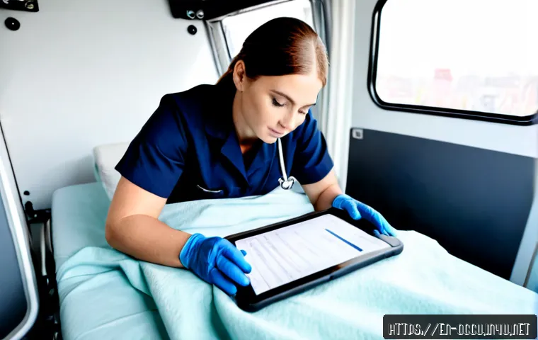 응급구조사와 환자 기록법 - Photorealistic emergency medical technician in a clean ambulance interior, wearing navy uniform and ...