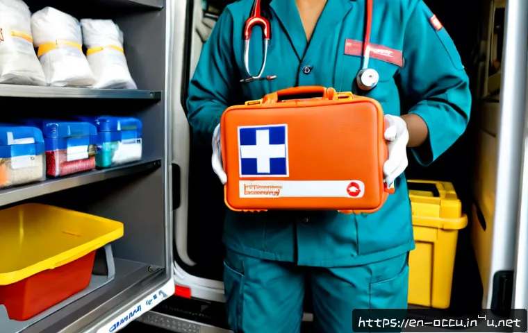 응급구조사 업무 노하우 - Photorealistic emergency medical technician organizing a trauma response kit in a clean ambulance st...