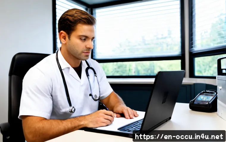 응급구조사 직무 기술서 작성법 - Photorealistic emergency medical technician in a clean modern ambulance station office, seated at a ...