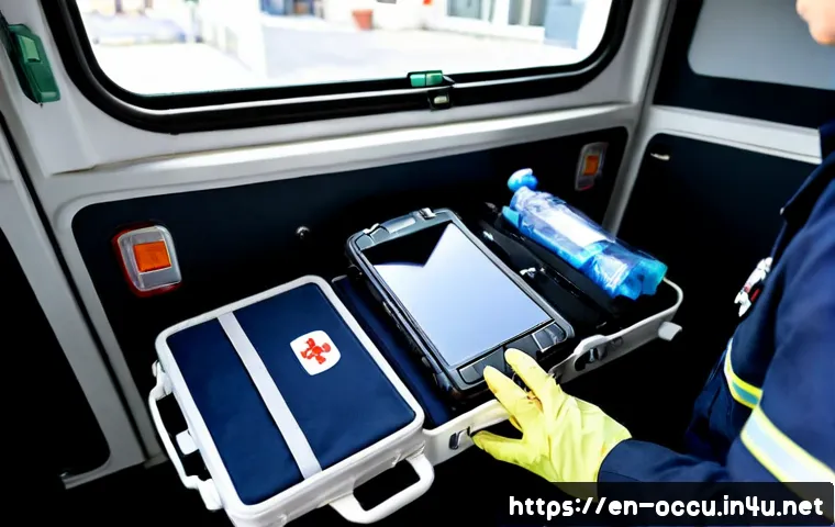 응급구조사와 장비 최신 기술 - Photorealistic emergency medical responder in a modern urban ambulance, wearing a clean navy uniform...