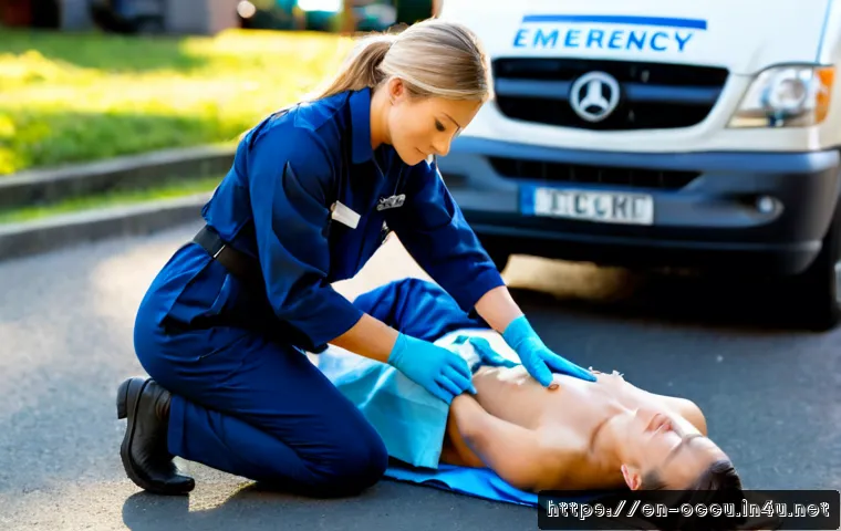 응급구조사와 응급 생명 구조 원칙 - Photorealistic emergency medical technician wearing a clean navy uniform and disposable gloves, calm...