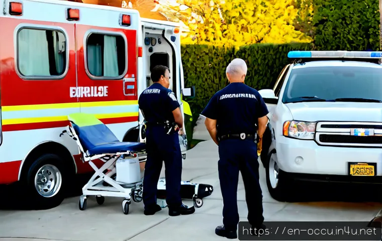 응급구조사 출동과 문화적 차이 - Photorealistic emergency medical responders arriving at a suburban American home, a calm paramedic r...